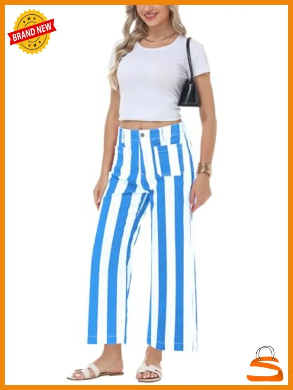 Striped High Rise Wide Leg Cropped Stretchy Denim Jeans with Pockets